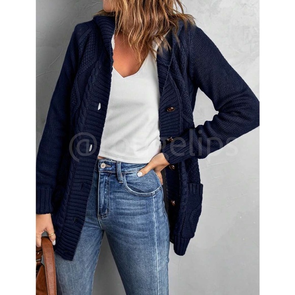 Navy Blue Faux Sherpa Knit Hooded Cardigan Front Pockets Long Sleeves Hip Length - Picture 3 of 16